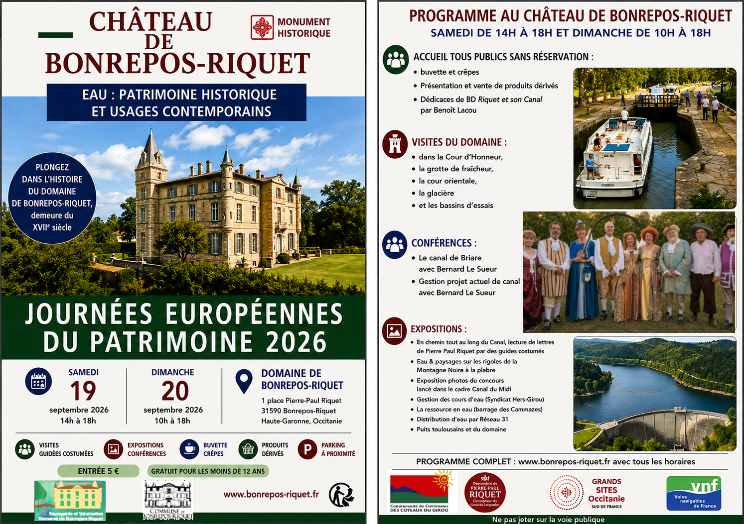 Double affiche avec le château de bonrepos, une photo du canal, des bénévoles déguisés et un barrage. Ensemble d'écritures reprenant les informations sur l'événement : Journées européennes du patrimoine à Bonrepos-Riquet